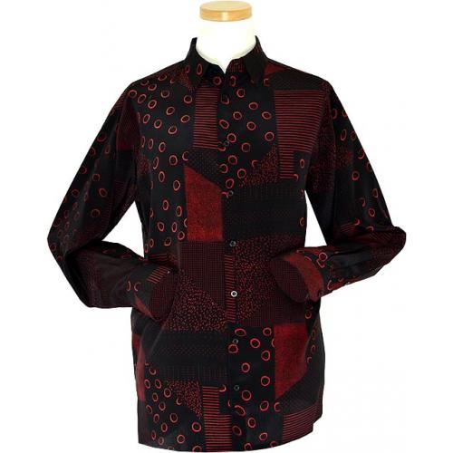 Bassiri Black / Red Circular Design Microfiber Long Sleeves Shirt #4772